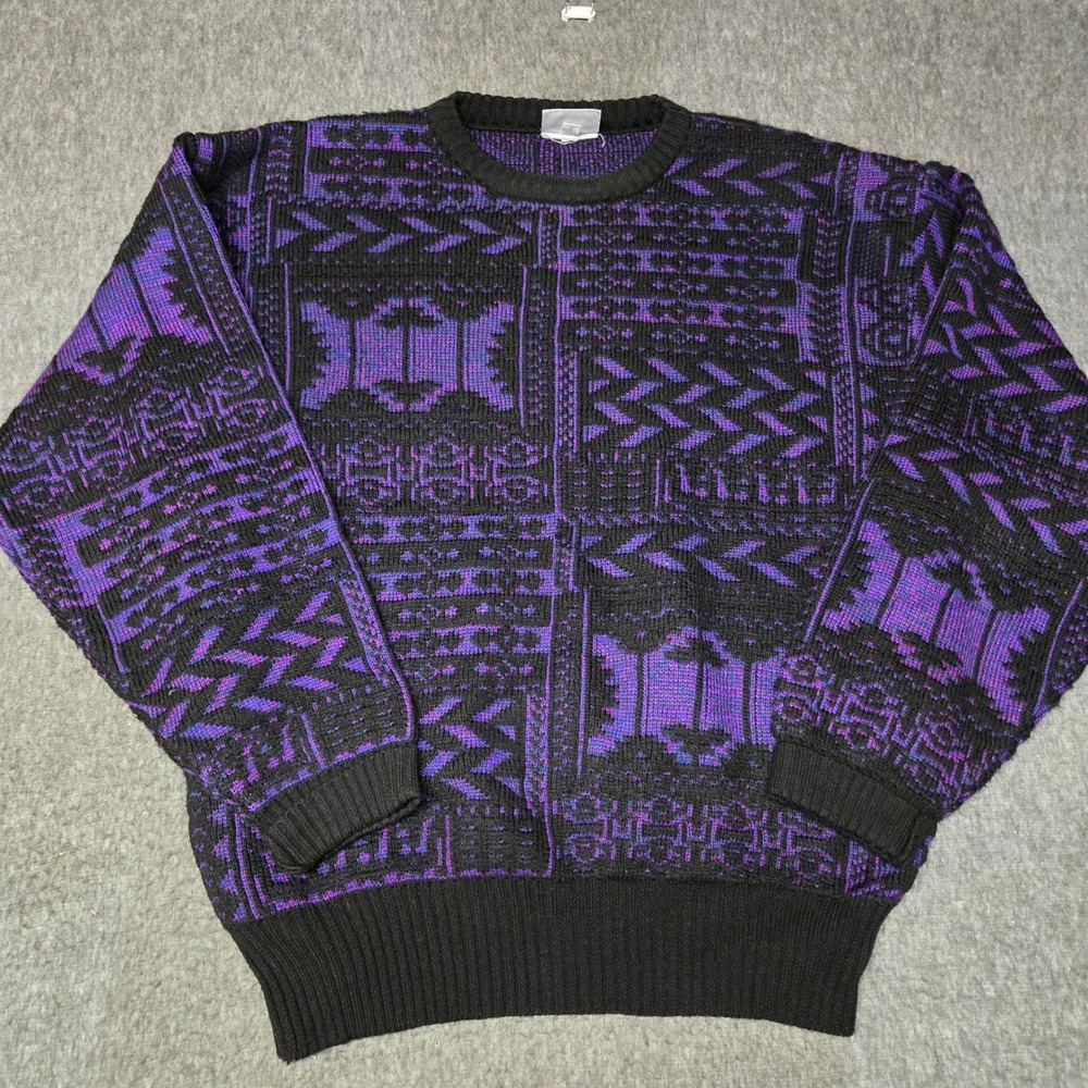Vintage Meister Geometric Knit Ski Sweater Mens Large Purple Black Wool Crewneck